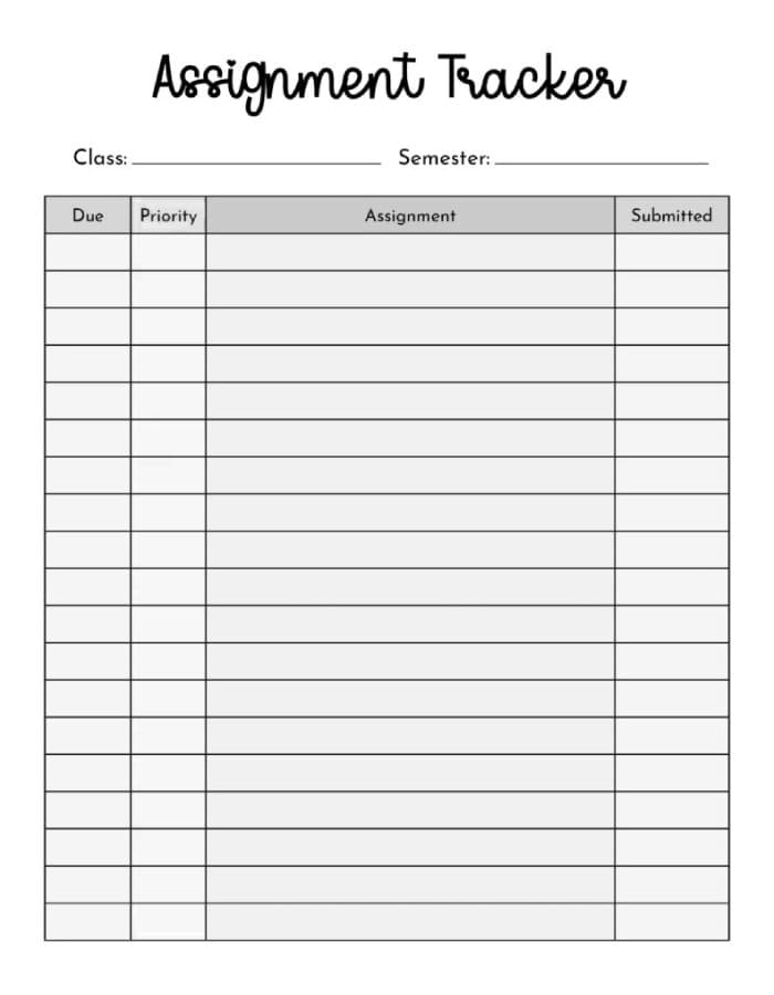Printable Assignment Tracker Free