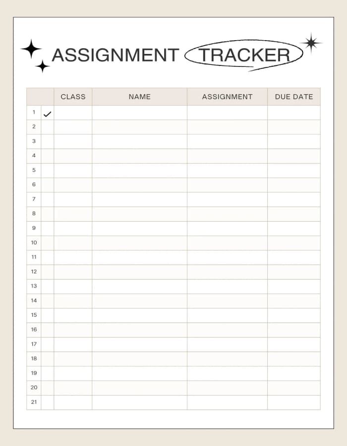 Printable Assignment Tracker Style