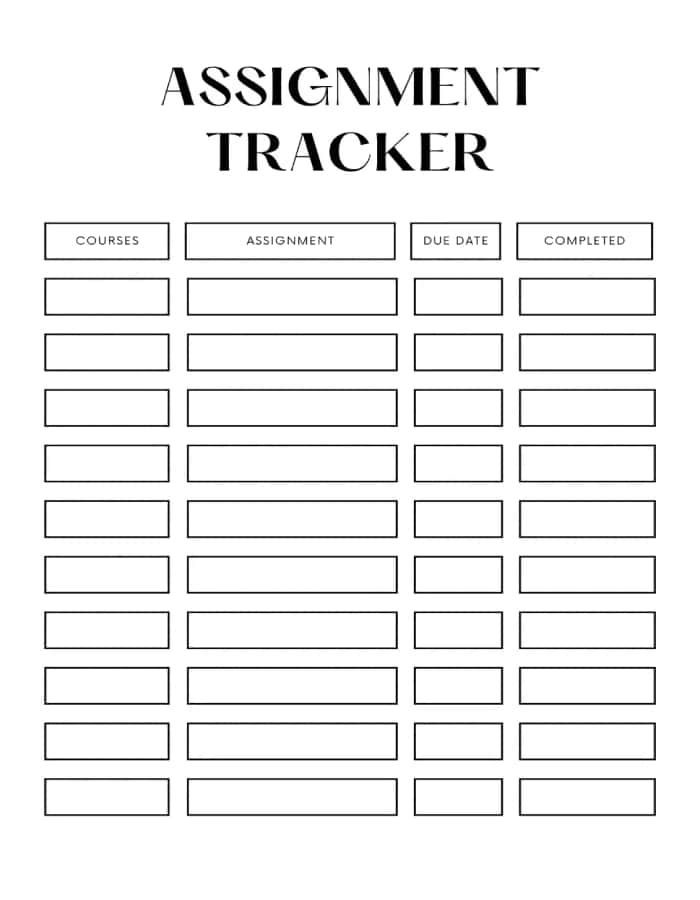 Printable Assignment Tracker Template