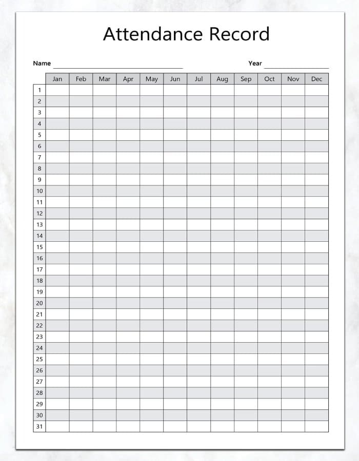 Printable Attendance Record Sheet