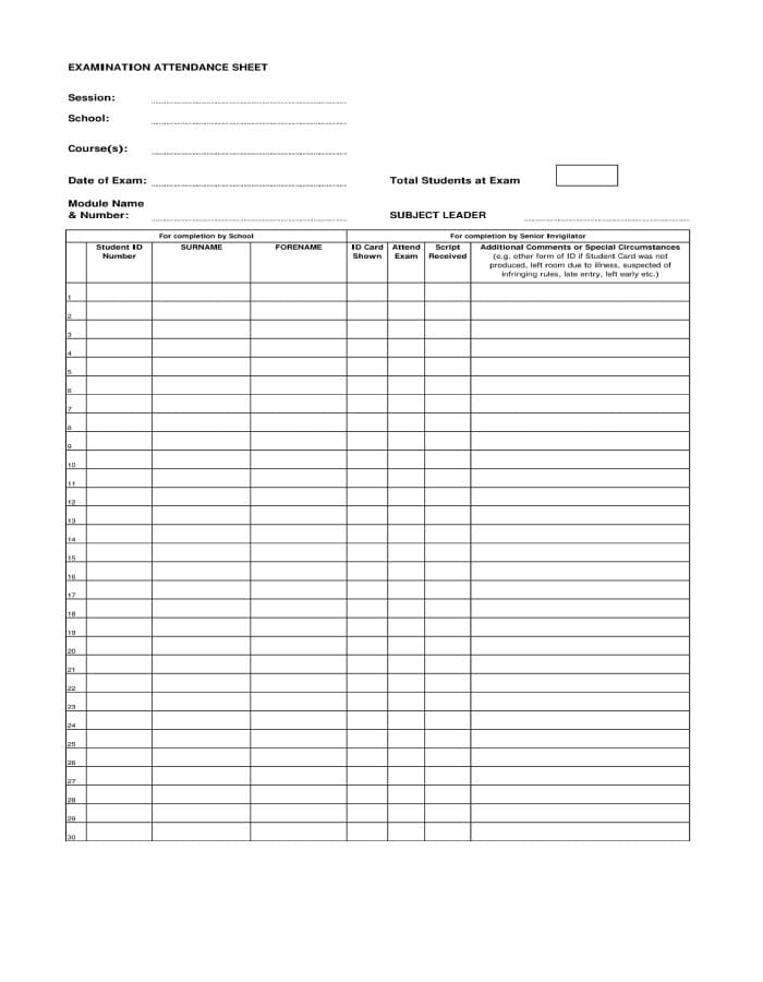 Printable Attendance Sheet Example