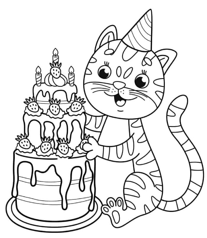 Printable Cat And Birthday Cake Coloring Page