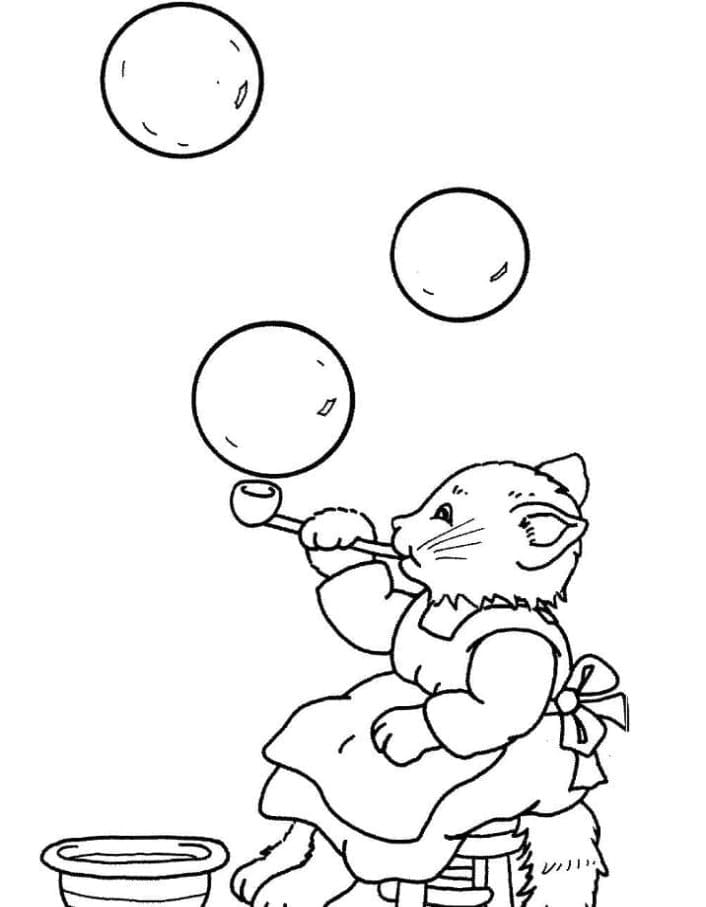 Printable Cat And Bubbles Coloring Page