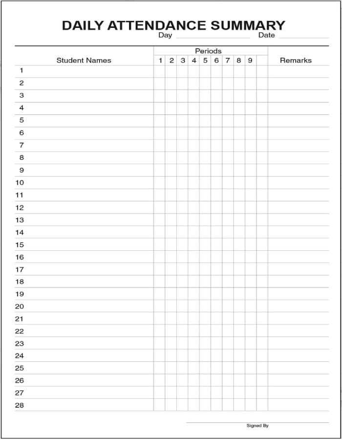 Printable Daily Attendance Sheet Summary