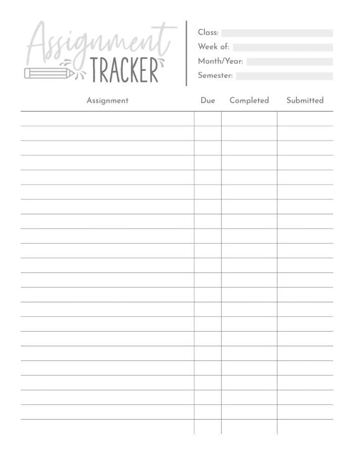 Printable Free Assignment Tracker