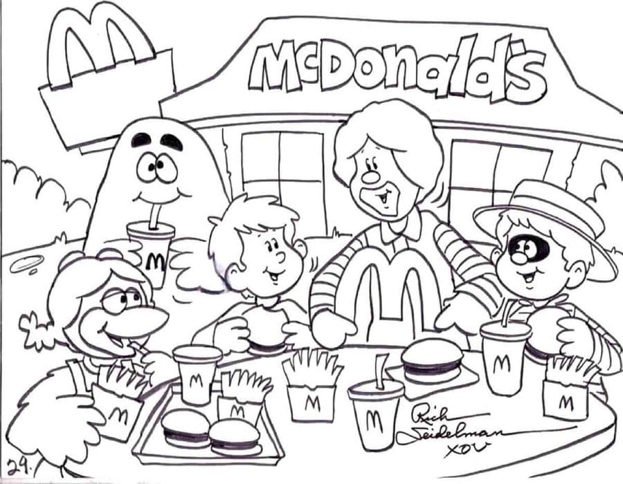 Printable Grimace And Friends Are Eating Mc Donald Coloring Page