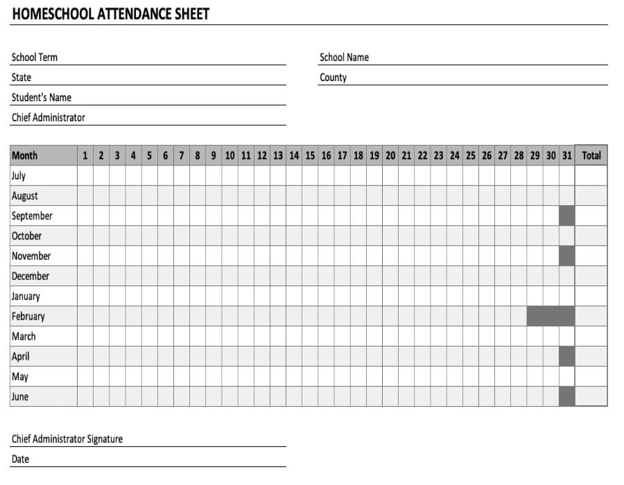 Printable Homeschool Attendance Sheet Chart
