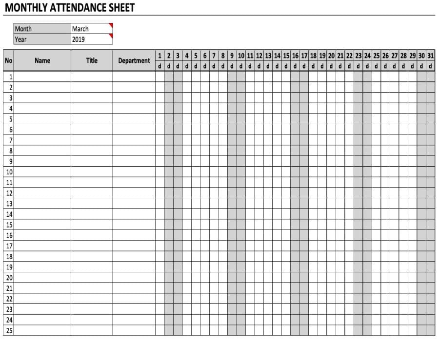 Printable Monthly Attendance Sheet Chart