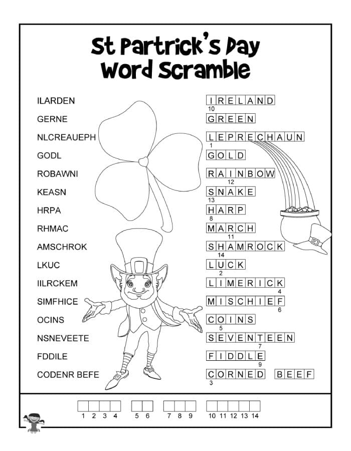 Printable St. Patrick's Day Word Puzzle Scramble Key