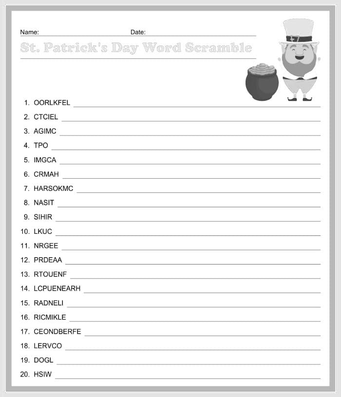 Printable St. Patrick’s Day Word Scramble Example