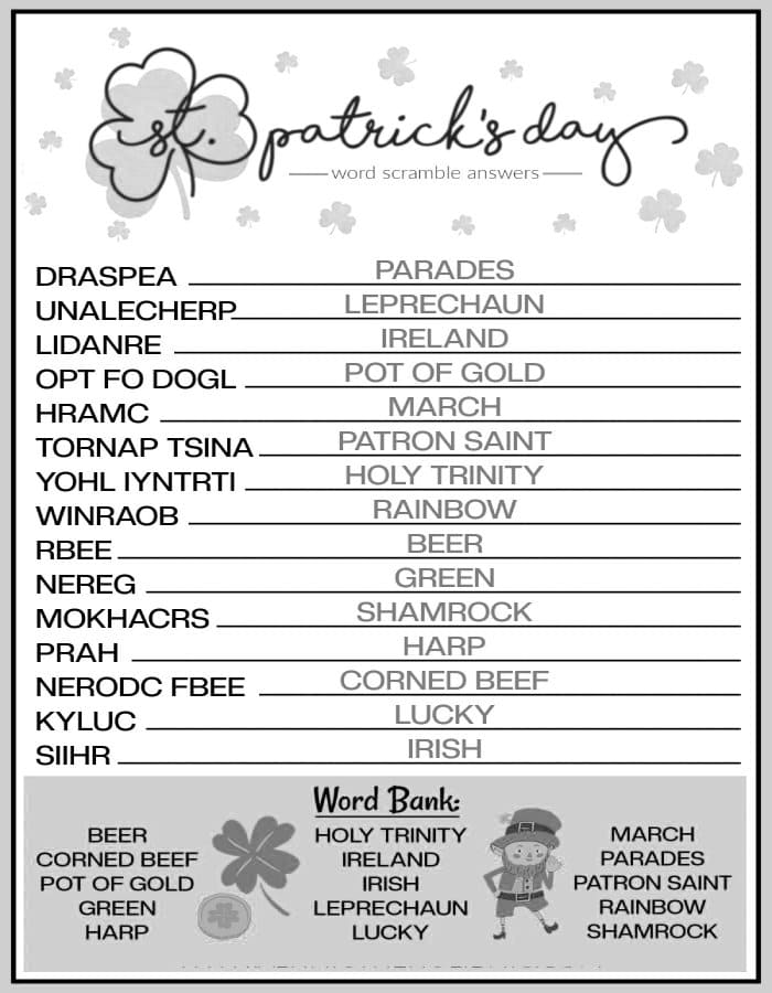 Printable St. Patrick's Day Word Scramble For Adults