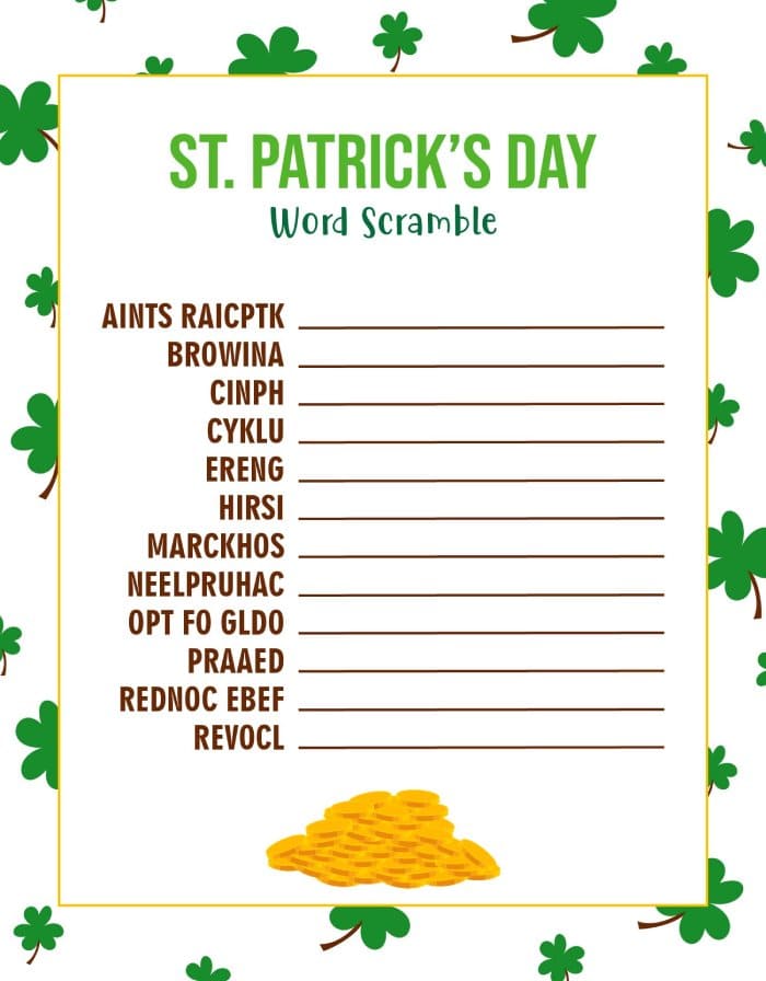 Printable St. Patrick's Day Word Scramble For Kids