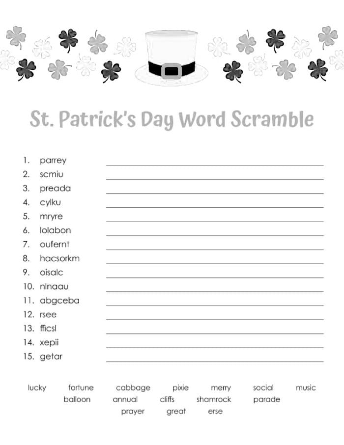 Printable St. Patrick's Day Word Scramble Free