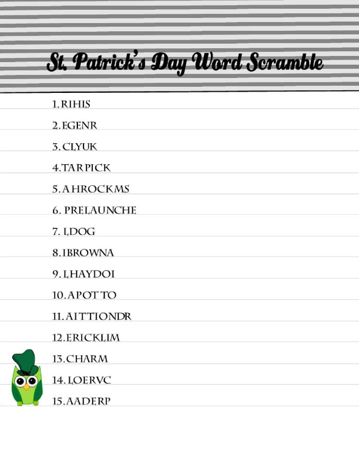 Printable St. Patrick's Day Word Scramble Game