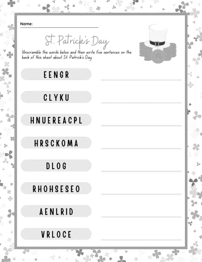 Printable St. Patrick's Day Word Scramble Simple
