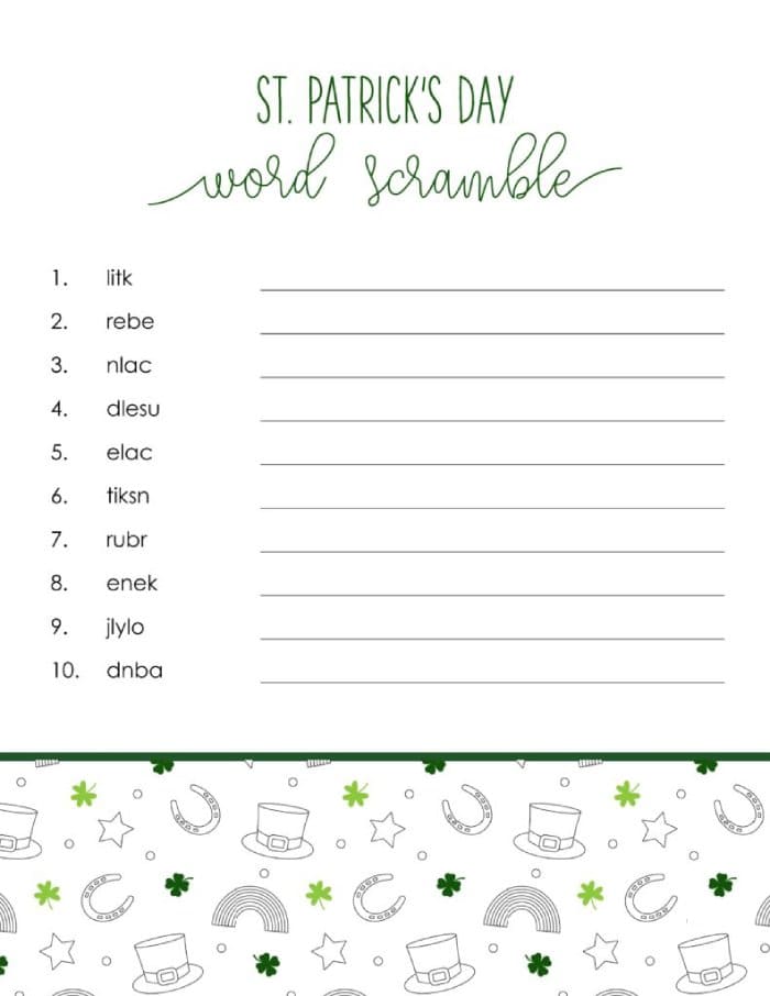 Printable St. Patrick’s Day Word Scramble Template