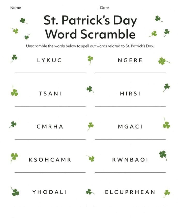 Printable St. Patrick’s Day Word Scramble Worksheet