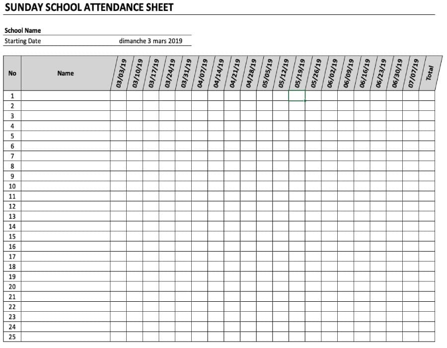 Printable Sunday School Attendance Sheet