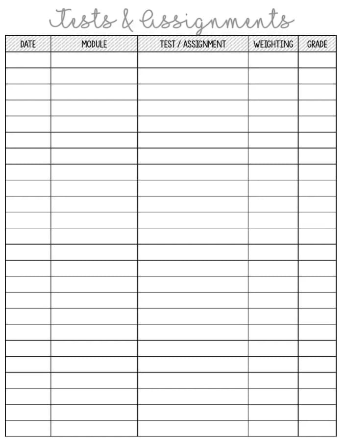 Printable Test & Assignment Tracker Template