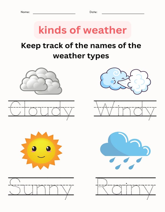 Printable Tracing Kinds Of Weather Worksheet For Grade 1