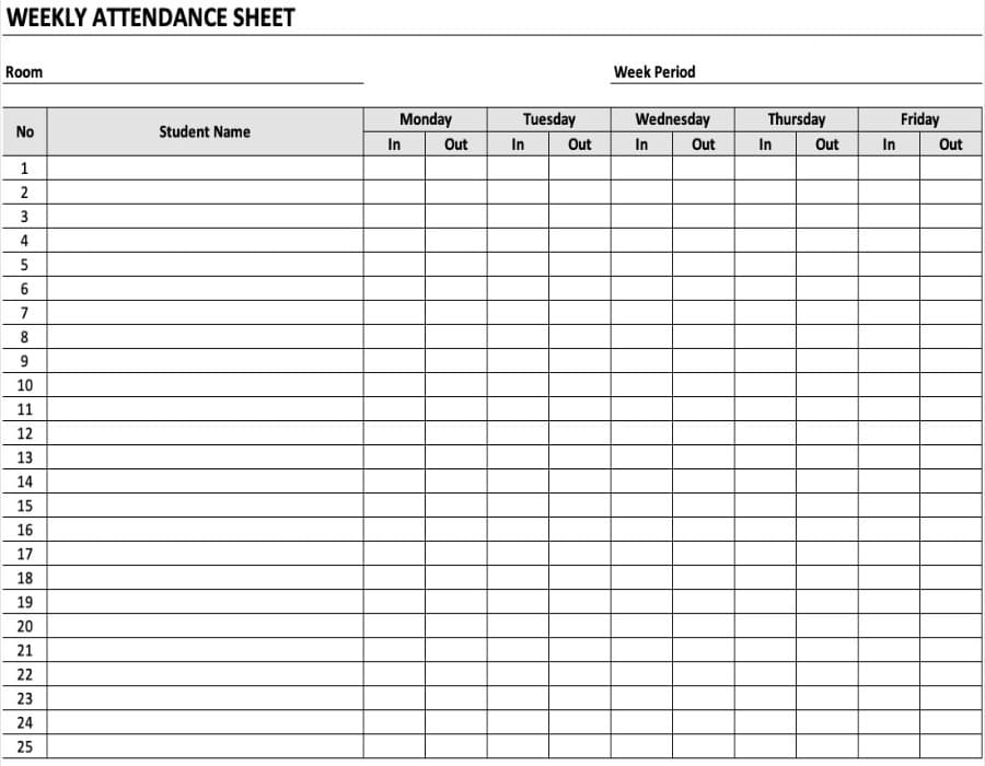 Printable Weekly Attendance Sheet
