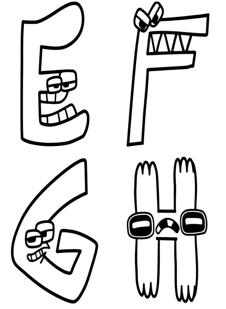 Printable Alphabet Lore Letter E, F, G, H Coloring Page