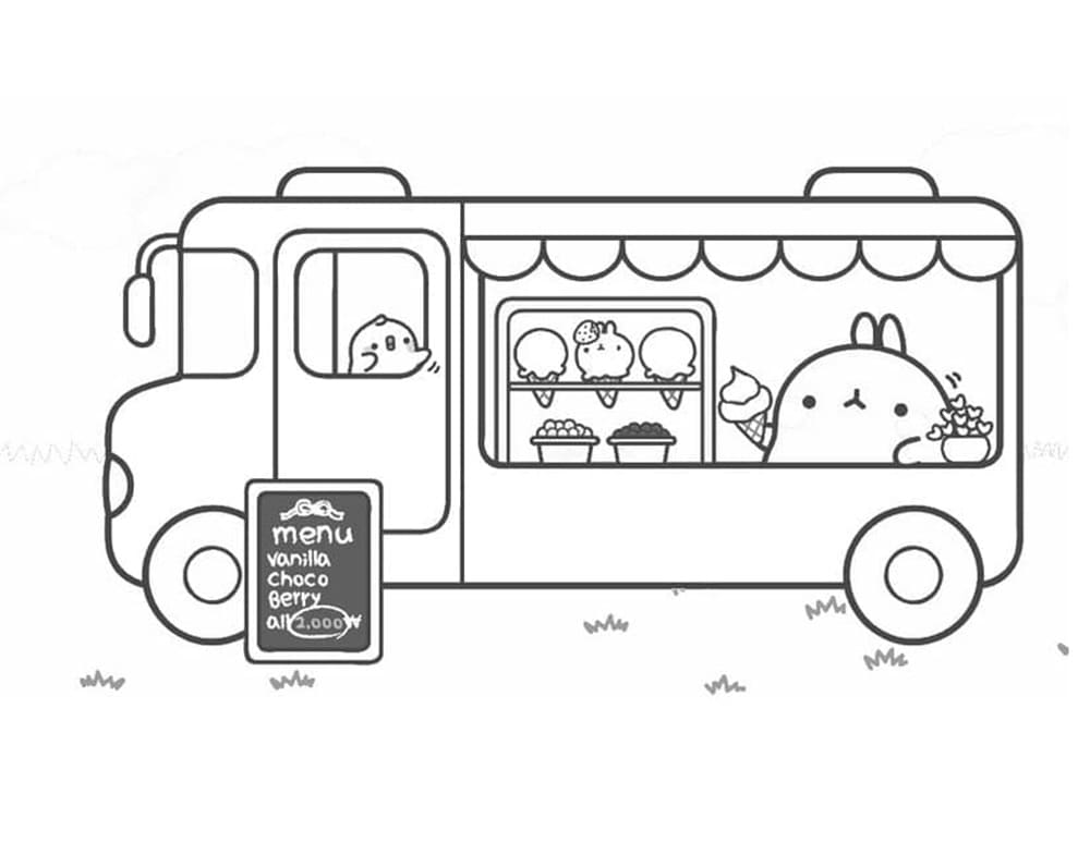 Printable Animated Molang and Ice Cream Coloring Page
