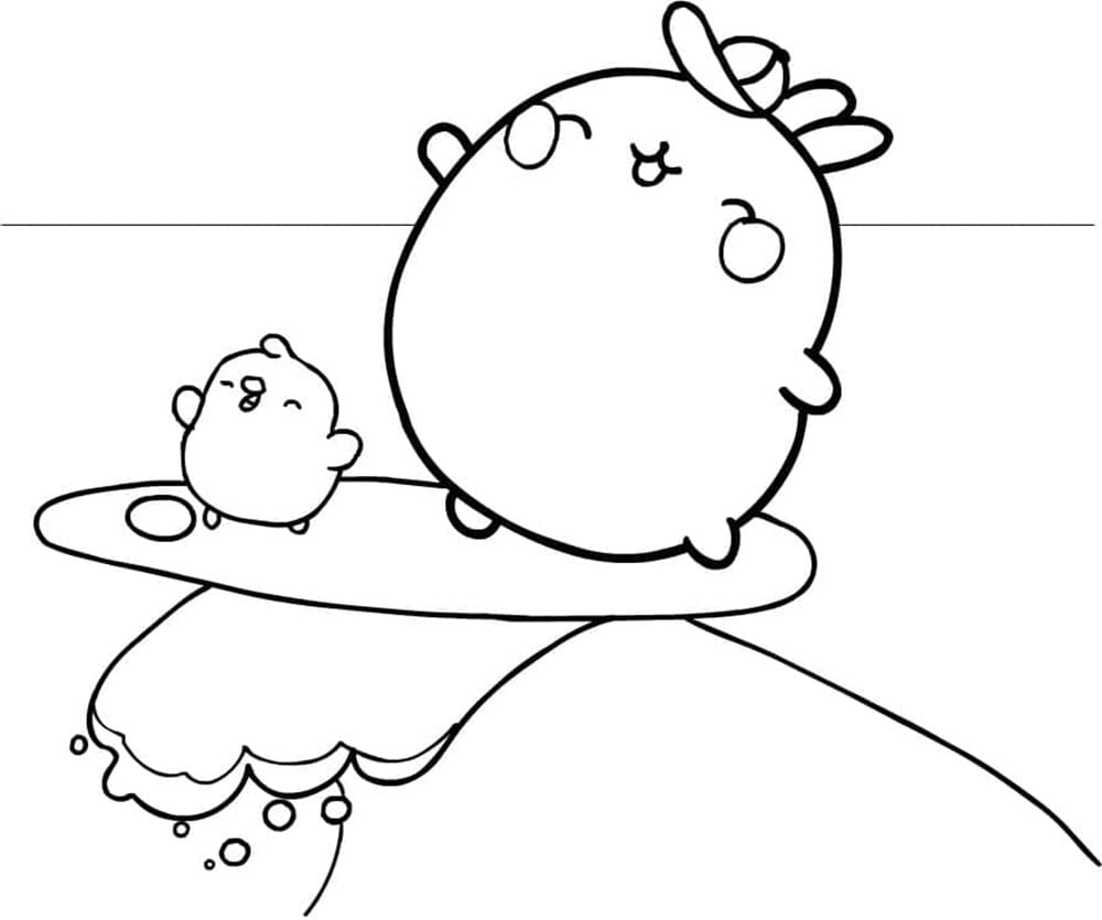 Printable Awesome Molang is Surfing Coloring Page