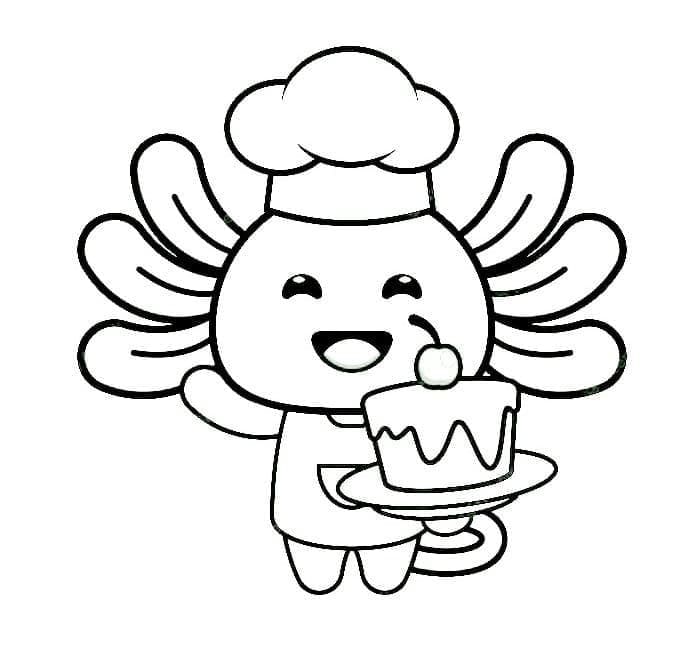 Printable Baby Axolotl with Birthday Cake Coloring Page