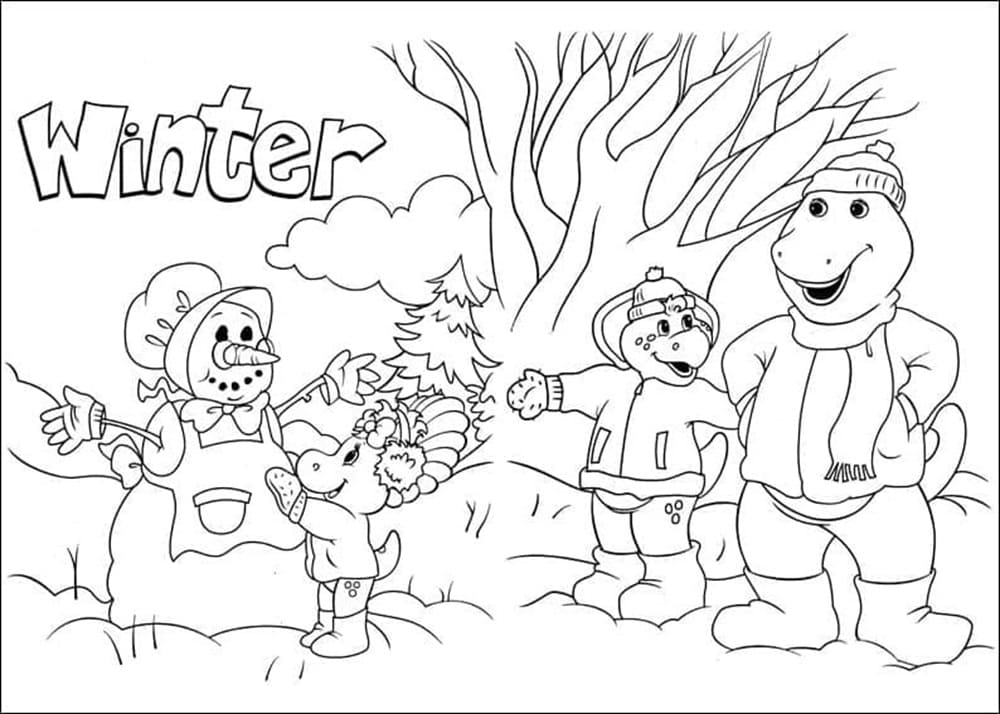 Printable Barney And Friends on Winter Coloring Page