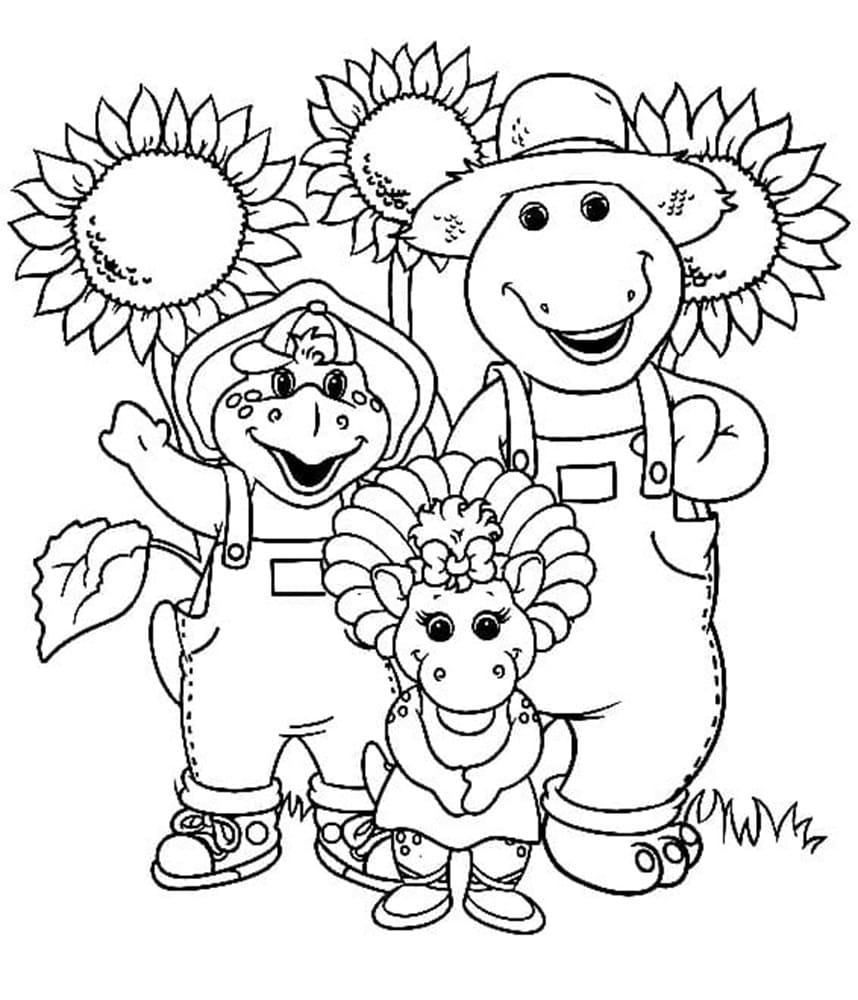 Printable Barney And Friends with Flowers Coloring Page