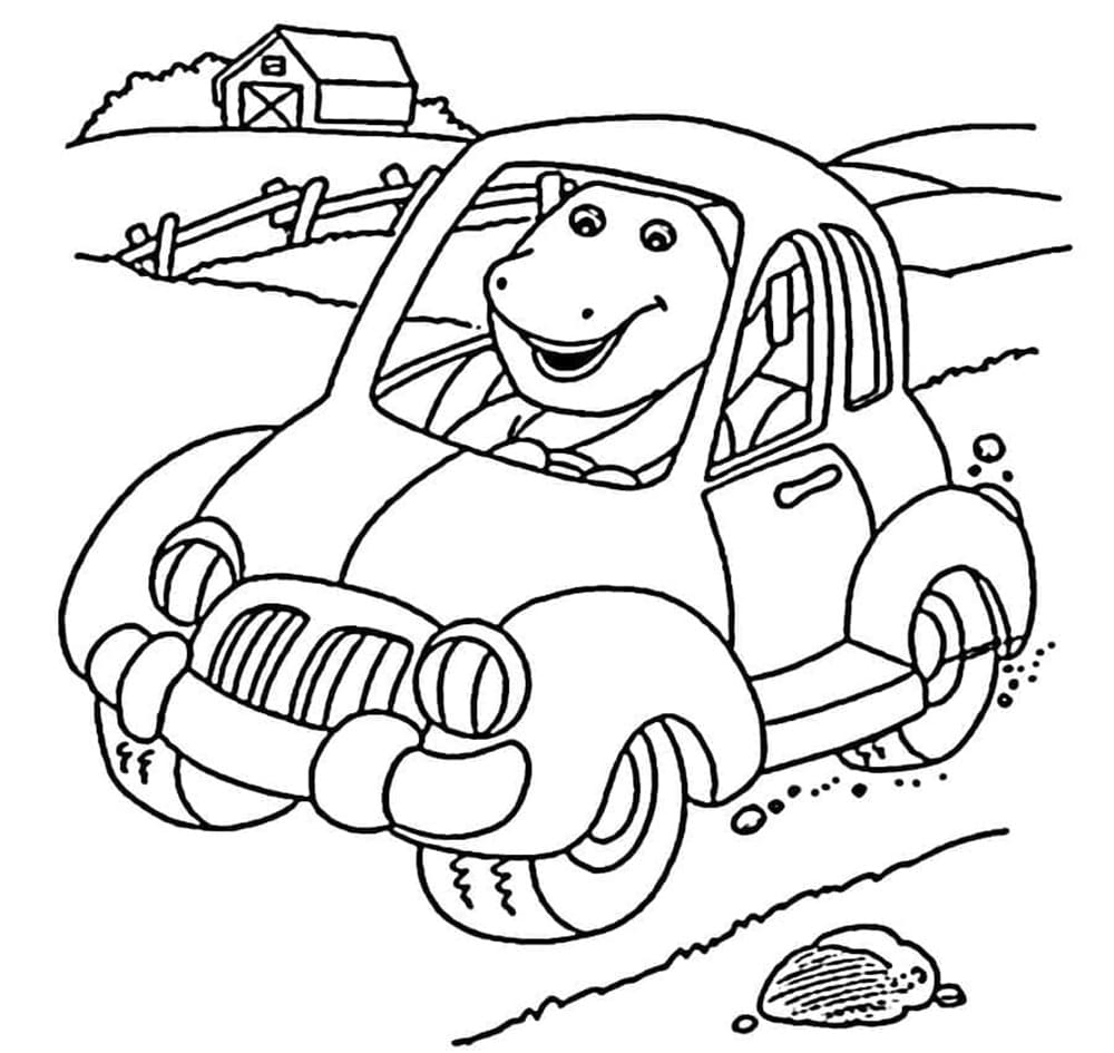 Printable Barney is Driving Car Coloring Page