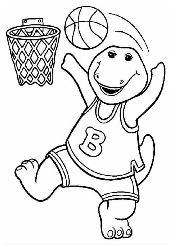 Printable Barney is Playing Basketball Coloring Page