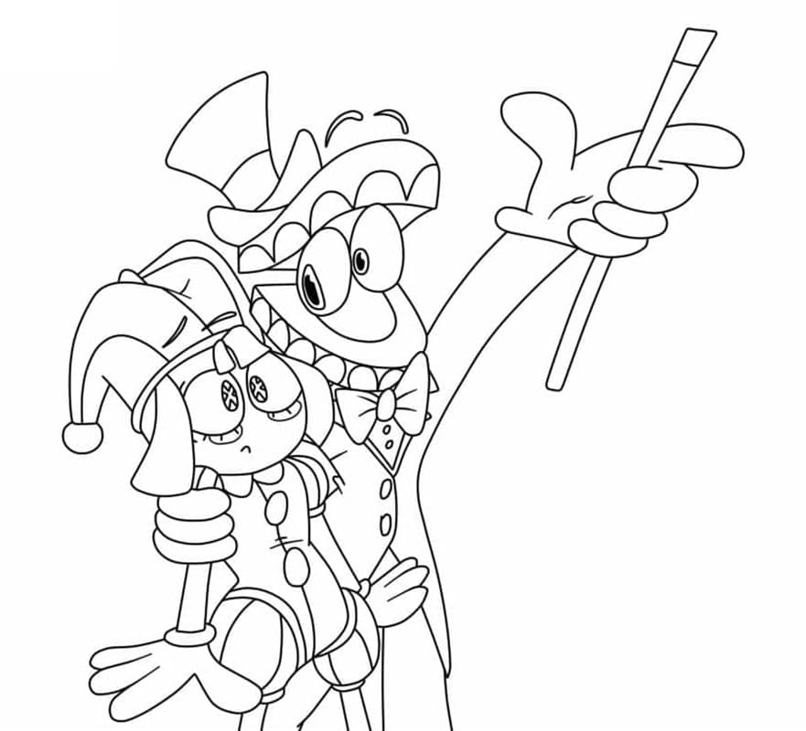 Printable Caine and Pomni from The Amazing Digital Circus Coloring Page