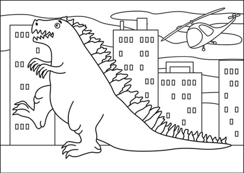 Printable Funny Godzilla Attack Coloring Page
