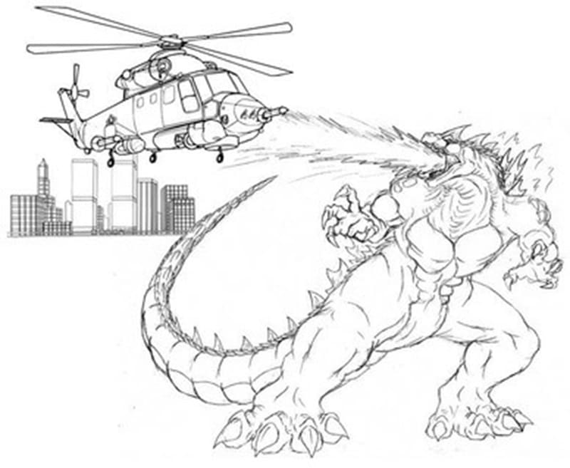 Printable Godzilla Attacking Coloring Page