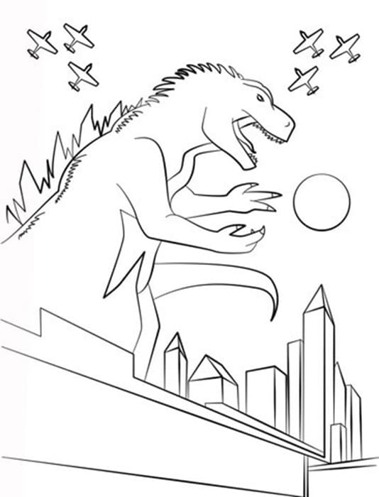 Printable Godzilla in the City Fighter Planes Photo Coloring Page