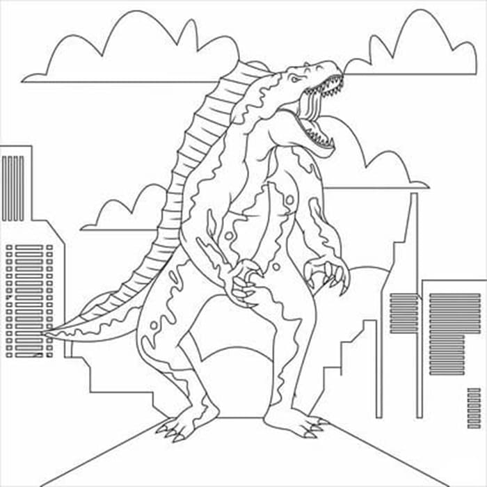 Printable Godzilla in the City Image Coloring Page