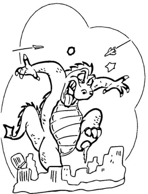 Printable Happy Godzilla Stomps the City Coloring Page