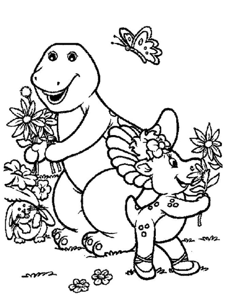 Printable Kawaii Barney and Baby Pop in the Garden Coloring Page