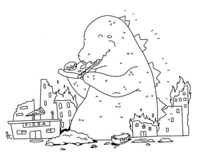 Printable Lovely Godzilla eating Pizza Coloring Page