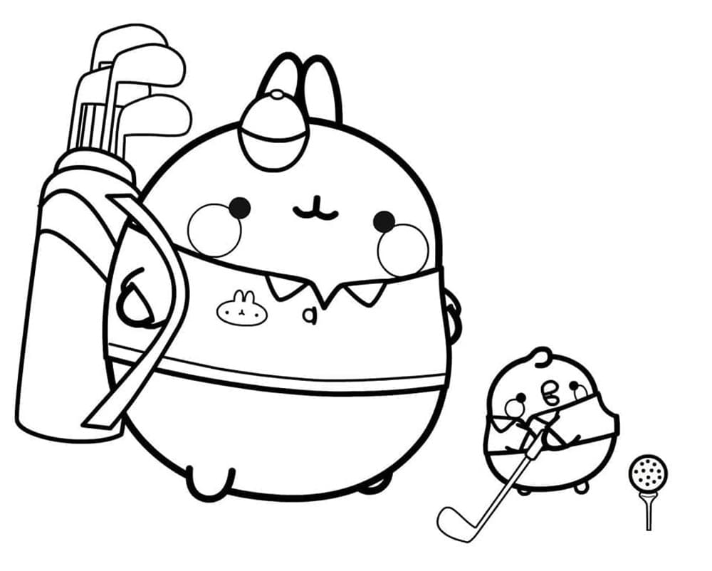 Printable Lovely Molang and Piu Piu is Playing Golf Coloring Page