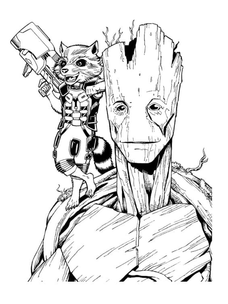 Printable Rocket Raccoon With Groot Image Coloring Page