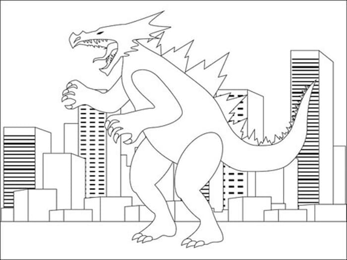 Printable Scary Godzilla in the City Image Coloring Page