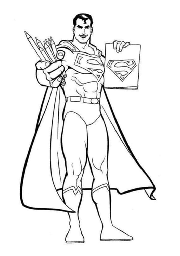 Printable Superman Holding Pencil And Book Photo Coloring Page