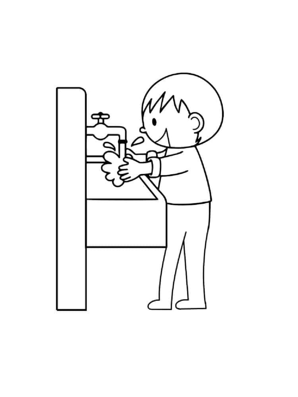 Printable A Boy Is Washing Hands Hygiene Coloring Page