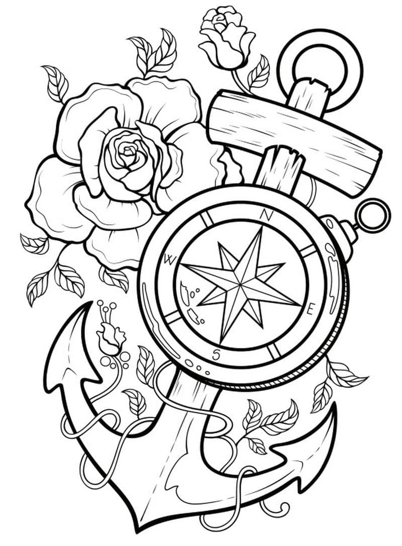 Printable Anchor And Compass Tattoo Coloring Page