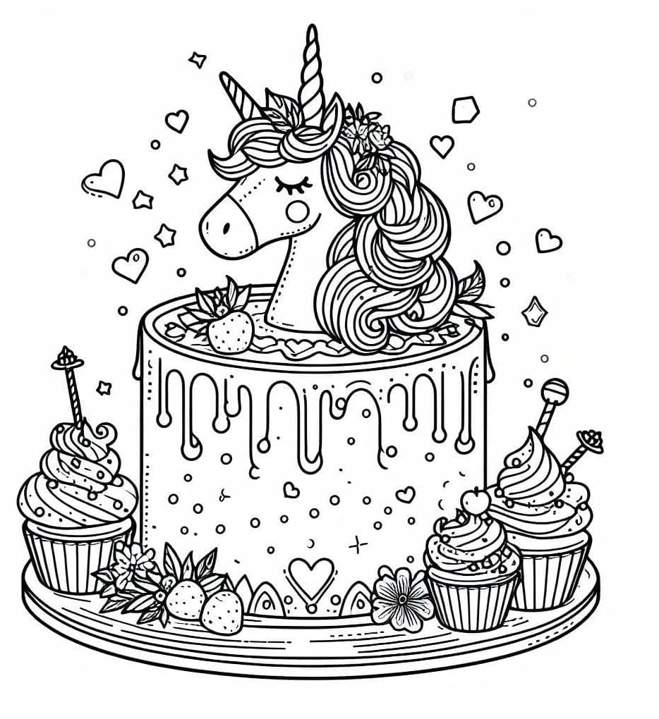 Printable Beautiful Unicorn Cake Coloring Page