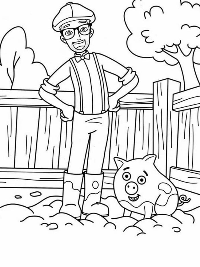 Printable Blippi and A Pig Coloring Page