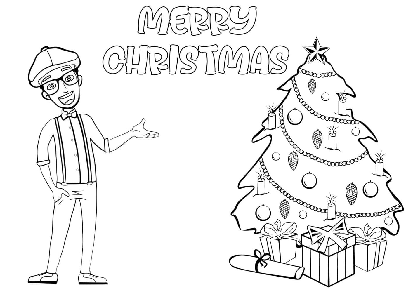 Printable Blippi and Christmas Tree Coloring Page